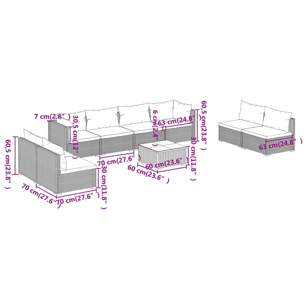 vidaXL Patio Lounge Set 9 Piece with Cushions Garden Outdoor Lawn Yard Terrace Balcony Seat Seating Sofa Lounge Set Furniture Poly Rattan Gray