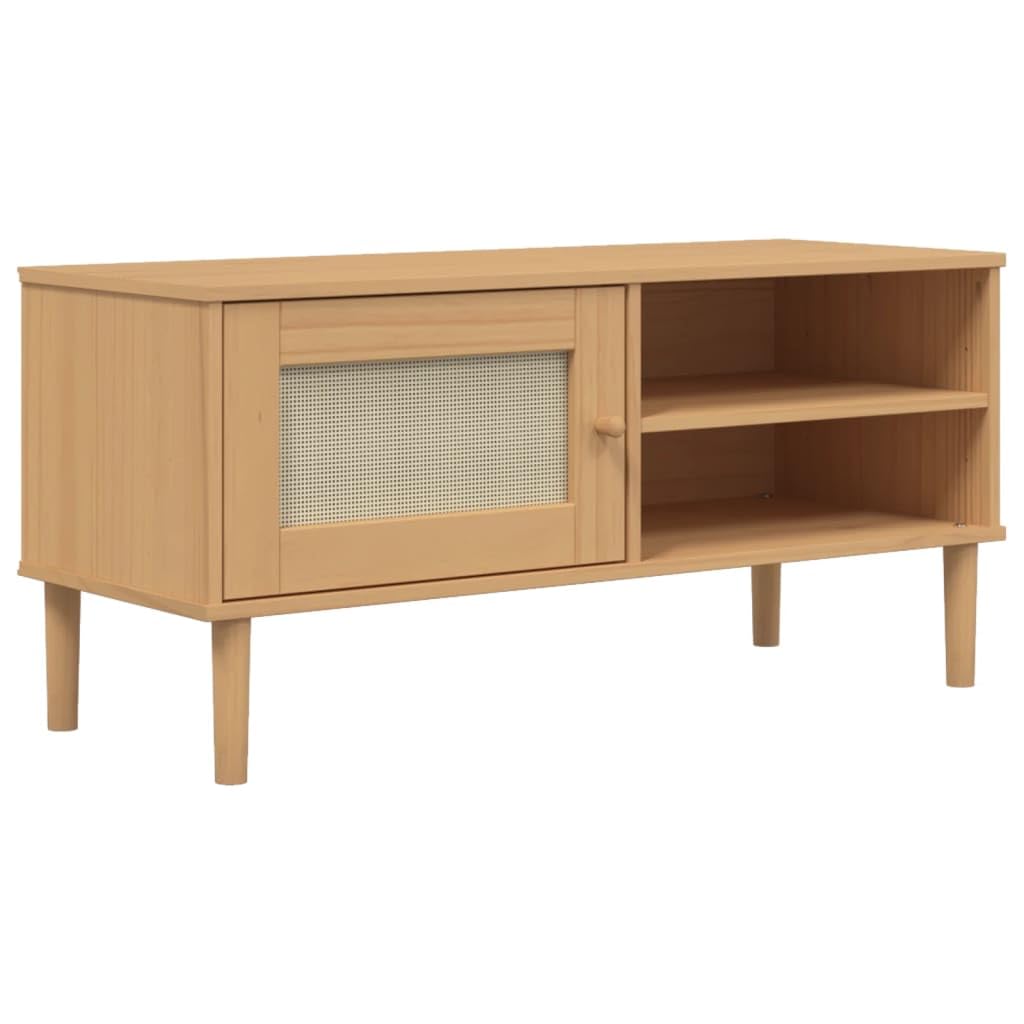 vidaXL SENJA Brown TV Stand/Cabinet in Solid Pine Wood with UV Varnish - Features Rattan Look, Ample Storage Space and Decorative Display top