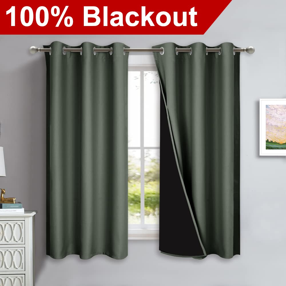 Nicetown Dark Mallard 100% Blackout Lined Curtains, 2 Thick Layers Completely Blackout Window Treatment Panels Thermal Insulated Drapes For Kitchen (1 Pair, 42' Width X 63' Length Each Panel)