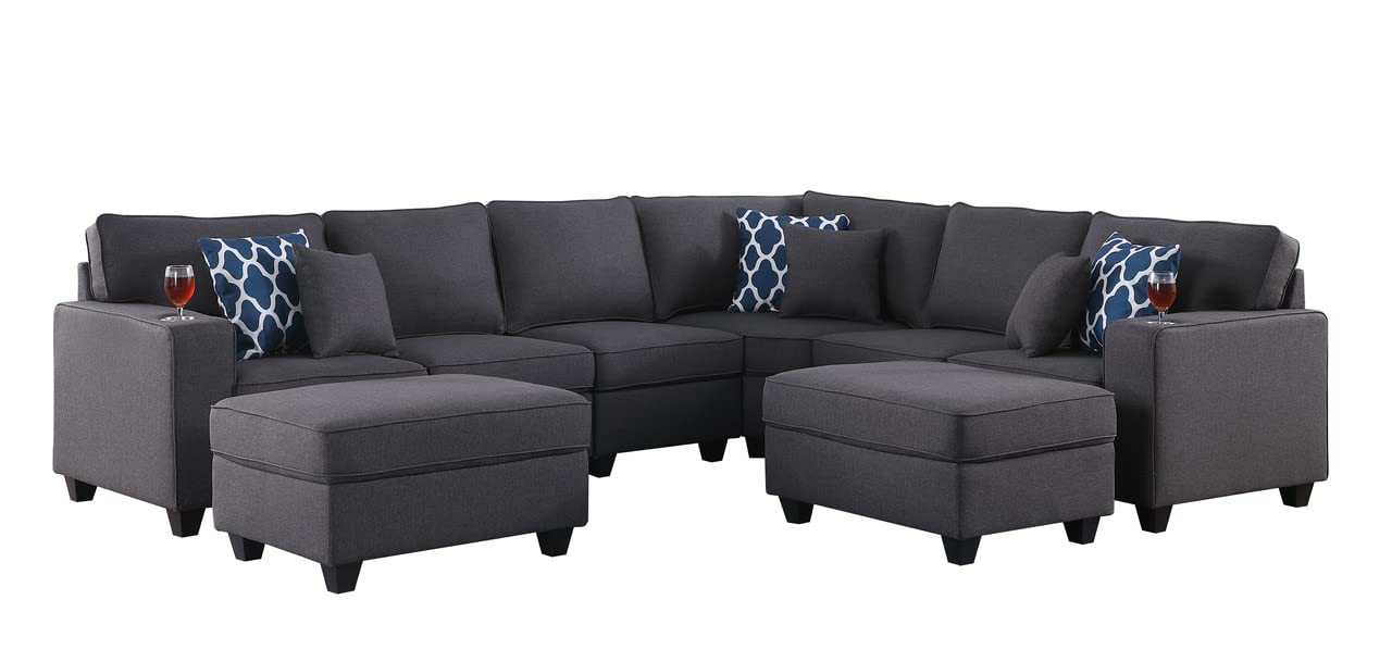 Lilola Home Cooper Dark Gray Linen 8Pc Reversible L-Shape Sectional Sofa with Ottomans and Cupholder