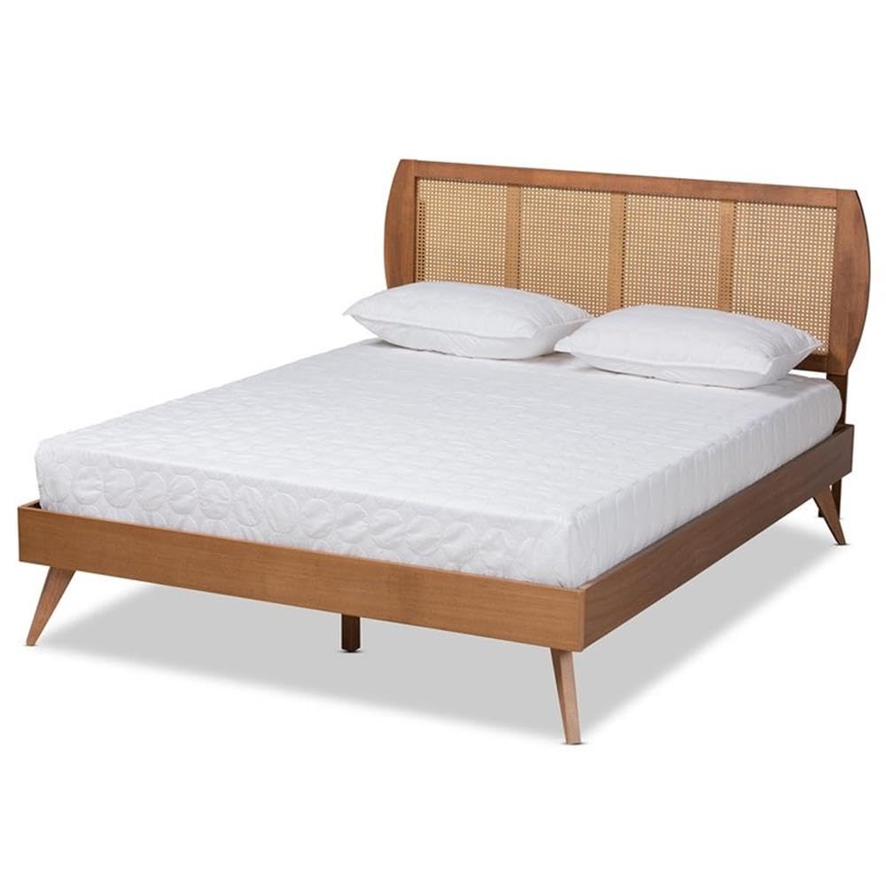 Baxton Studio Asami Mid-Century Modern Walnut Brown Finished Wood and Synthetic Rattan King Size Platform Bed