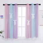 Yancorp Curtains For Girls Bedroom Kids Curtain Hollow-Out Star Window Nursery Curtain 72 Inches Length Room Darkening Grommet 2 Layers (Pink Purple, W52 X L84)