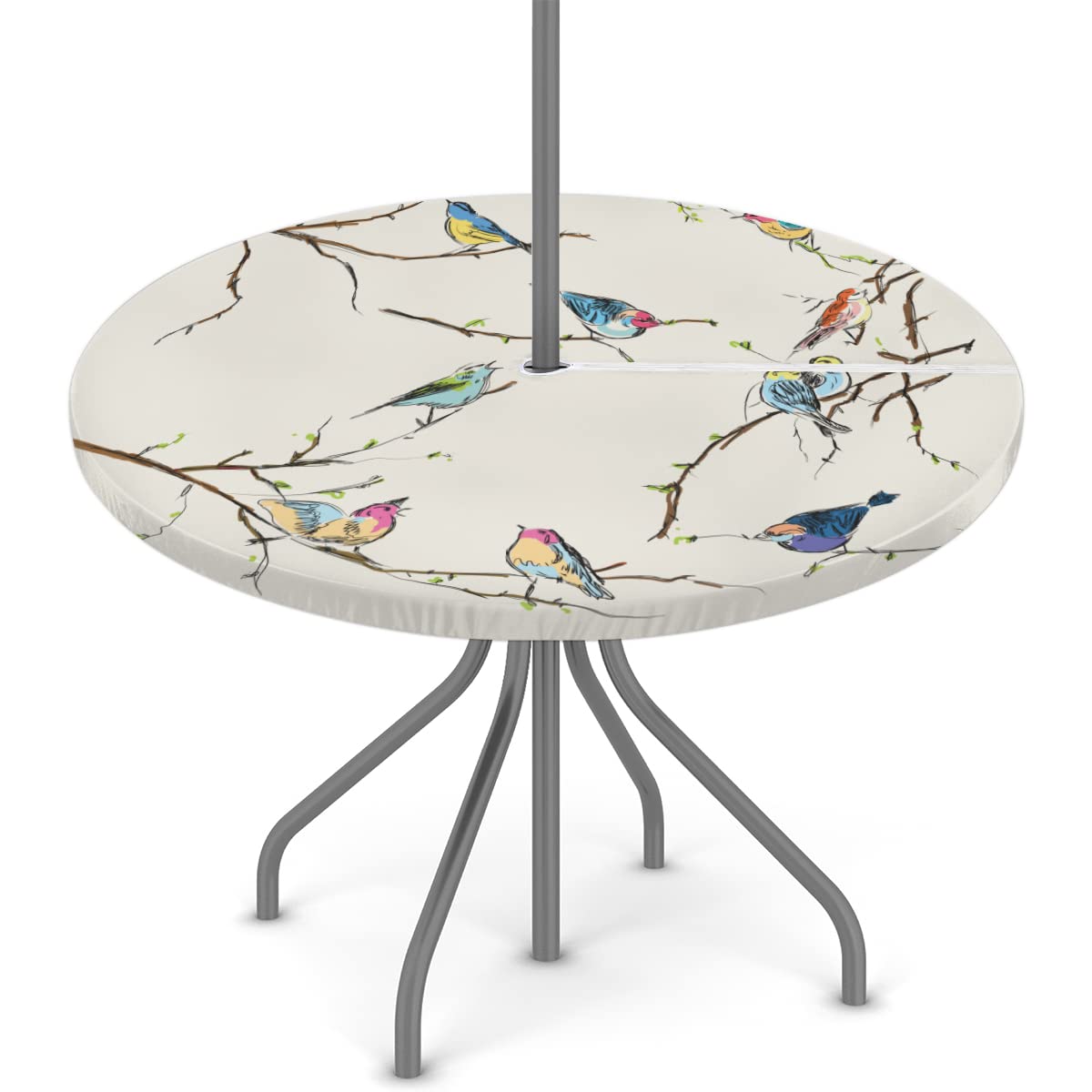 Colorful Bird Round Outdoor Fitted Tablecloth with Umbrella Hole Zipper, Rainbow Little Birds Elastic Edged Table Cloth Waterpro