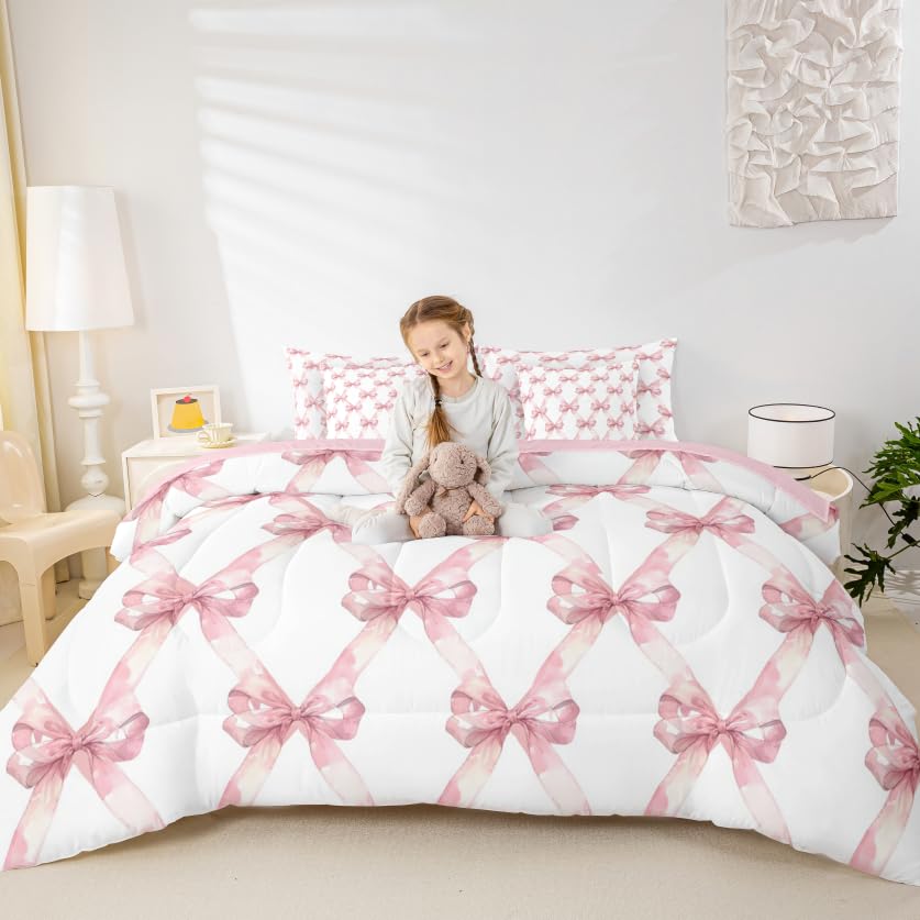 Manfei Pink Bowknot Comforter Set King Size,Dreamy Princess Style Bedding Set,Watercolor Bow Geometric Grids Patchwork (Comforte