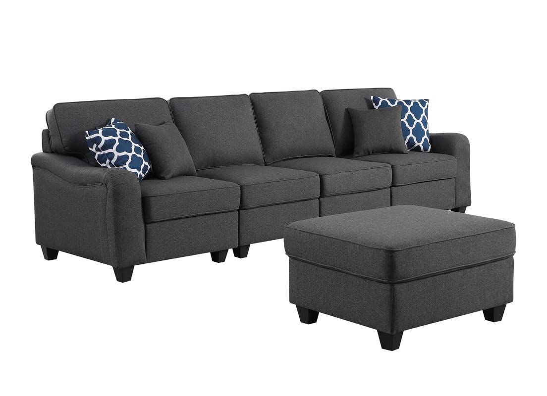 Lilola Home Leo Dark Gray Linen 5 Seater Sofa and Ottoman