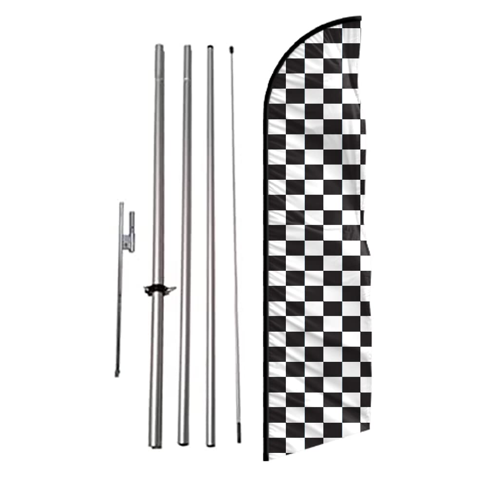 Checkered Black And White Advertising Feather Banner Swooper Flag Sign With Flag Pole Kit And Ground Stake