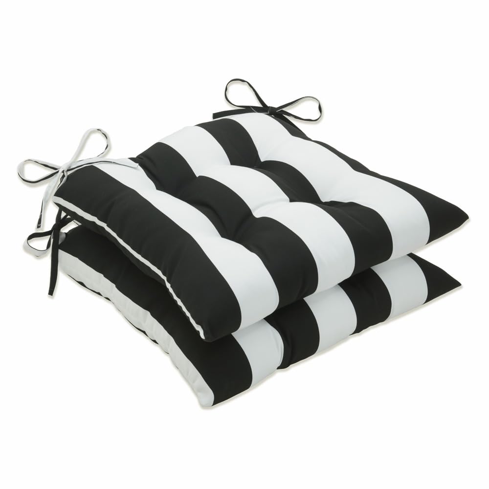 Pillow Perfect Stripe Indoor/Outdoor Chair Seat Cushion With Ties, Tufted, Weather, And Fade Resistant, 18.5' X 19', 2 Count