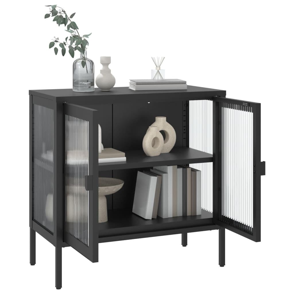 vidaXL Black Sideboard 27.6&quot;x13.8&quot;x27.6&quot;: Modern Style Steel and Fluted Glass Construction, Adjustable Shelf with Levelers, Versatile Storage Solution