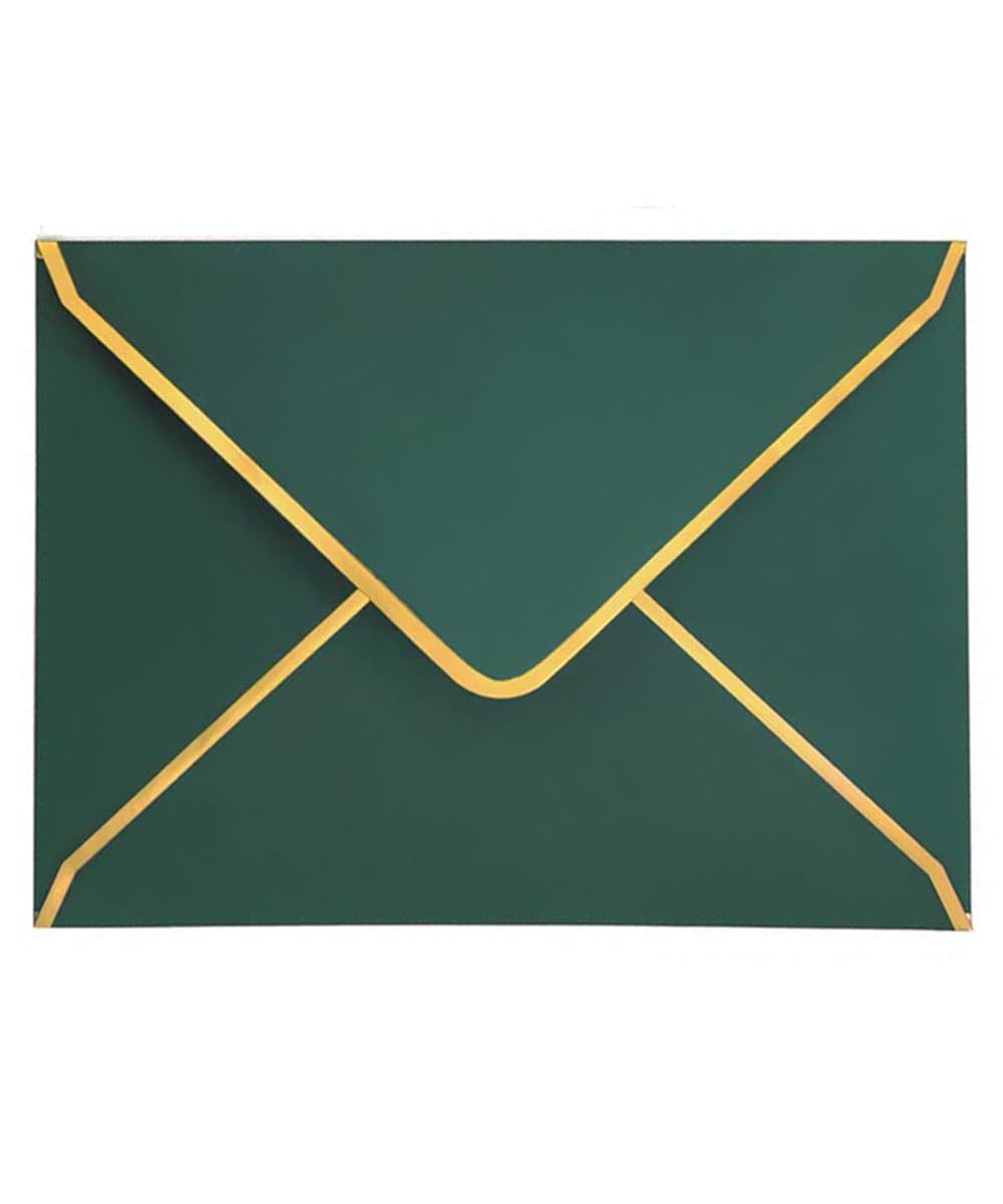 50 Pcs Invitation Envelopes A7 Size, Green Envelopes 5 X 7 Inch V-Flap Mailing Card Envelopes Quick Seal Envelopes With Gold Bor