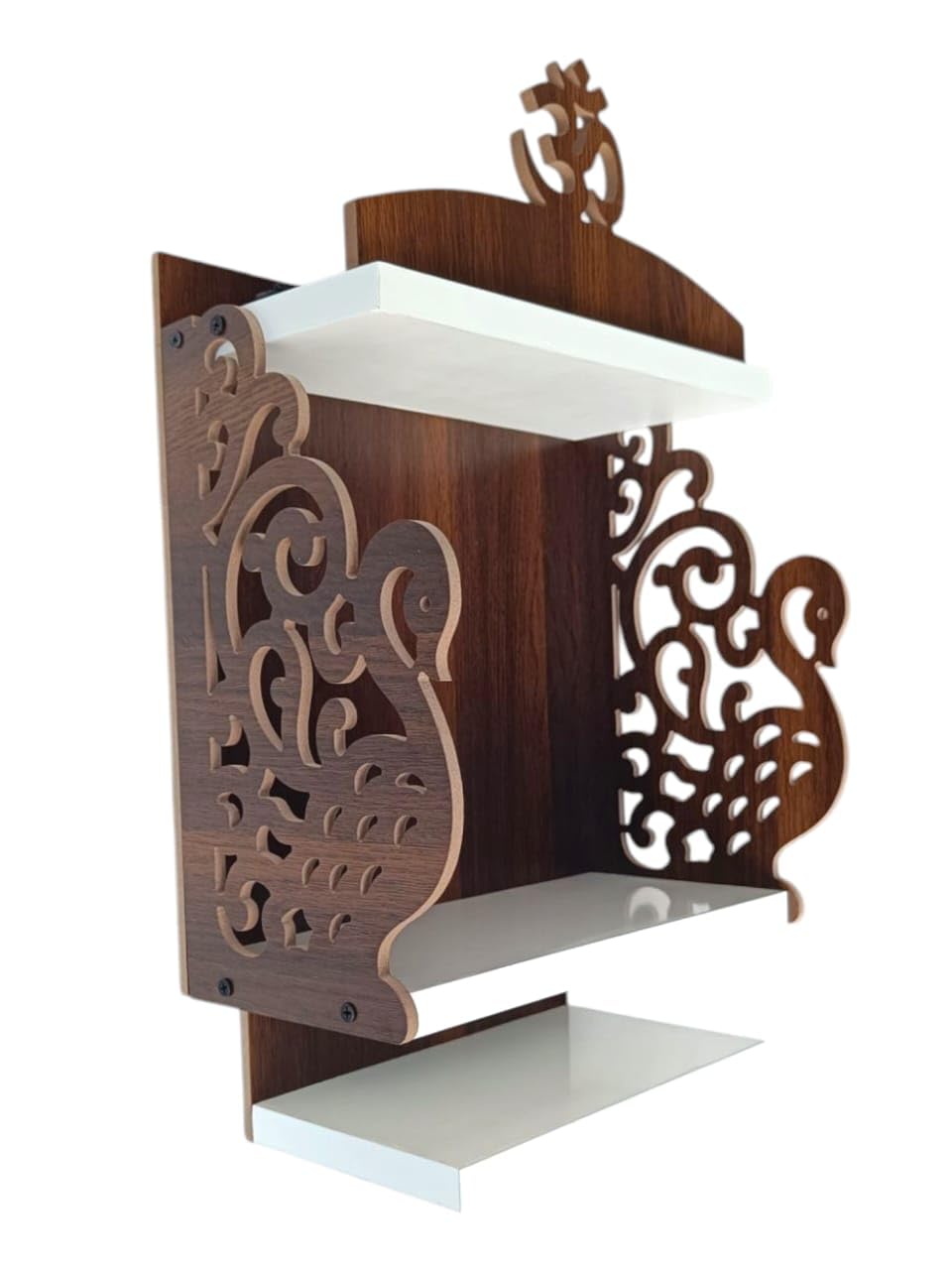 Peacock Decorative Om Wooden WallMounted Temple Shelf With Carved Design, 3Tier White Storage, Brown, Side Panels Have An Eleg