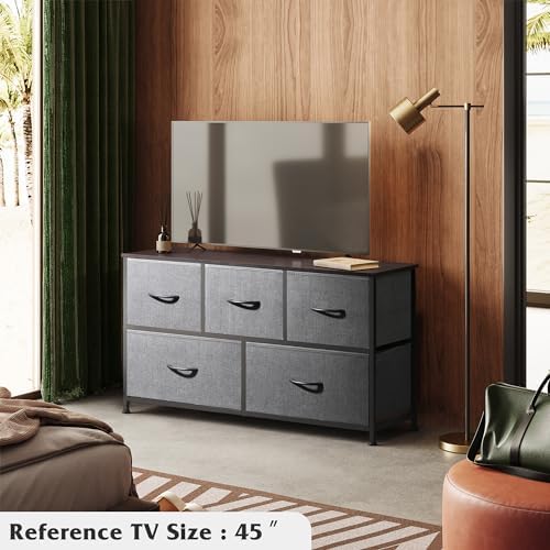 Wlive Dresser For Bedroom With 5 Drawers, Wide Chest Of Drawers, Fabric Dresser, Storage Organizer Unit With Fabric Bins For Closet, Living Room, Hallway, Dark Grey