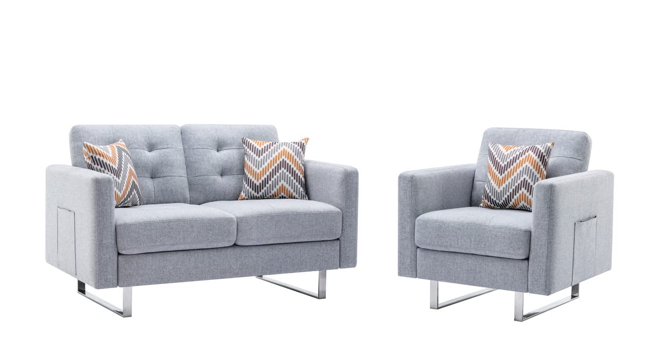 Lilola Home Victoria Light Gray Linen Fabric Loveseat Chair Living Room Set with Metal Legs, Side Pockets, and Pillows