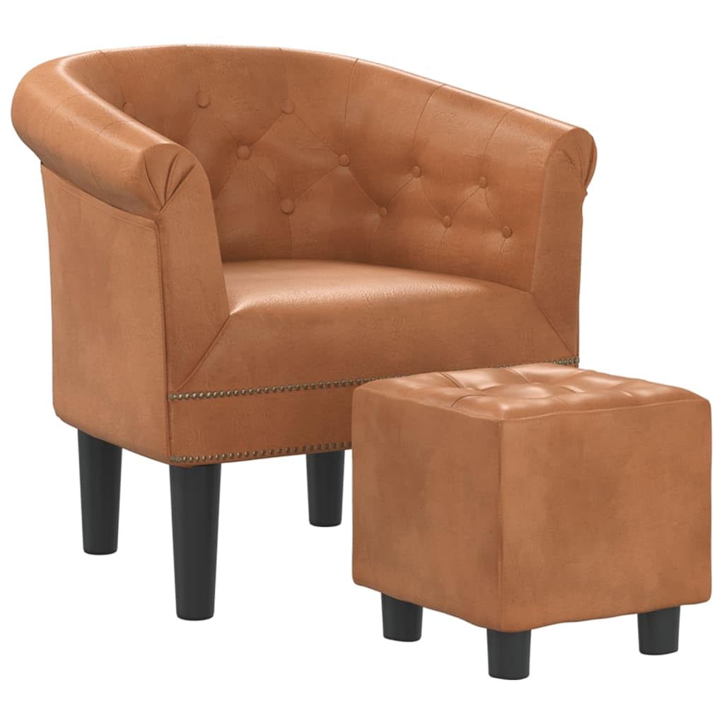 vidaXL Brown Faux Leather Tub Chair with Footstool - Modern Seating Solution for Living Room, Bedroom, Guest Room or Home Office