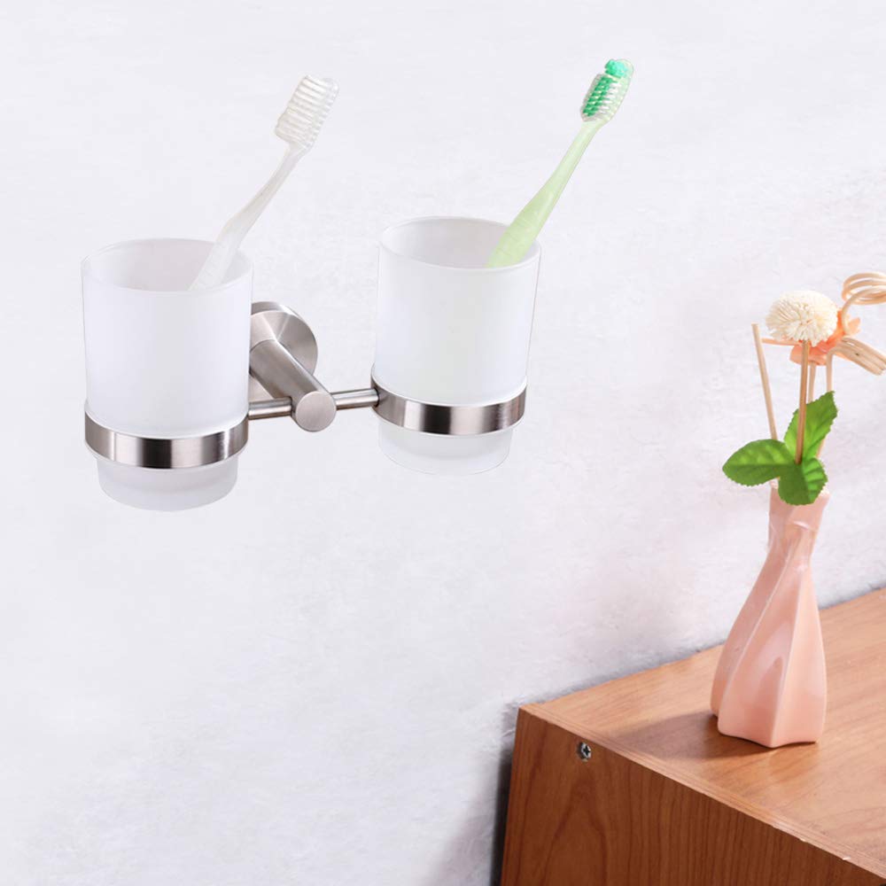 Double Toothbrush Holder, Angle Simple Sus304 Stainless Steel Wall Mounted Glass Tumbler Holder With Frosted Glass Cup Toothpast