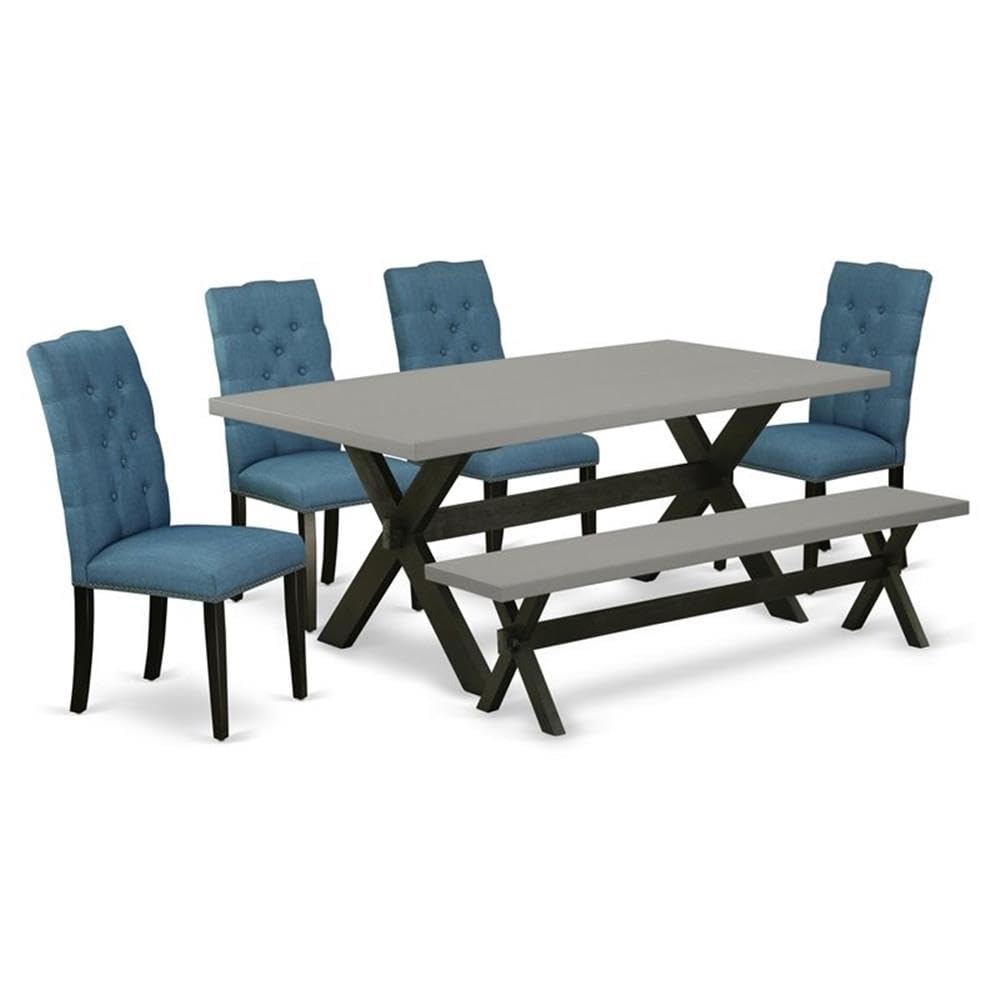 East West Furniture X697El121-6 6 Piece Dining Set Contains A Rectangle Dining Room Table With X-Legs And 4 Blue Linen Fabric Parson Chairs With A Bench, 40X72 Inch, Multi-Color