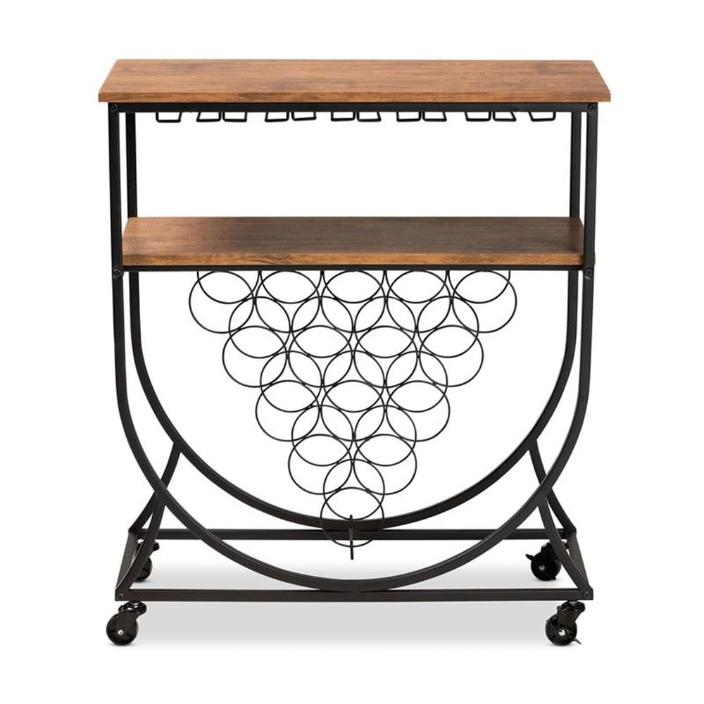 Baxton Studio Black Metal and Walnut Finished Wood Mobile Wine Bar Cart