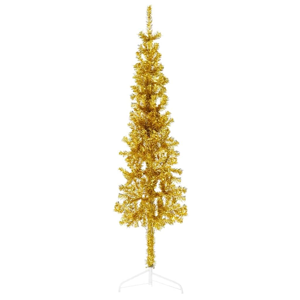 vidaXL Slim Artificial Half Christmas Tree - Gold PVC and Steel Christmas Tree - Space-Saving Xmas Decor - 4ft Tall - Ideal for Compact Spaces