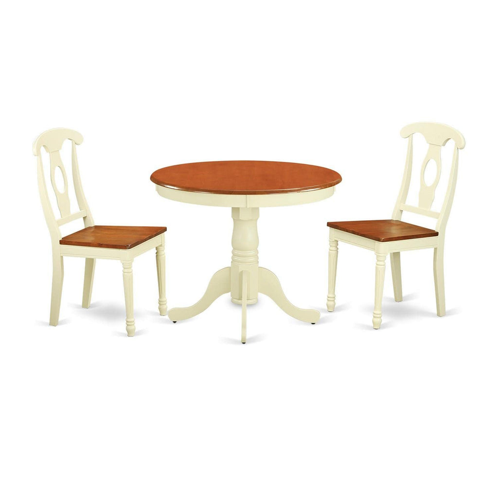 East West Furniture ANKE3-WHI-W 3 Piece Dining Room Table Set Contains a Round Kitchen Table with Pedestal and 2 Dining Chairs, 36x36 Inch, Buttermilk & Cherry