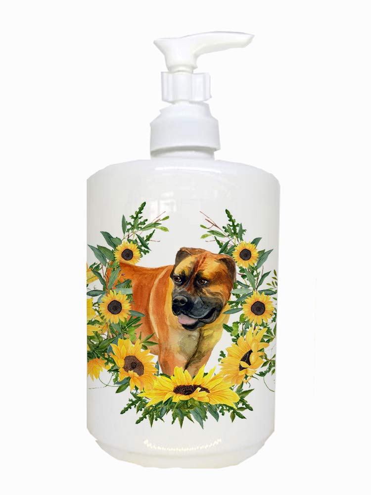 Caroline's Treasures CK2838SOAP Boerboel Mastiff in Sunflowers Ceramic Soap Dispenser Hand Soap Dispenser Pump Bottles for Bathr