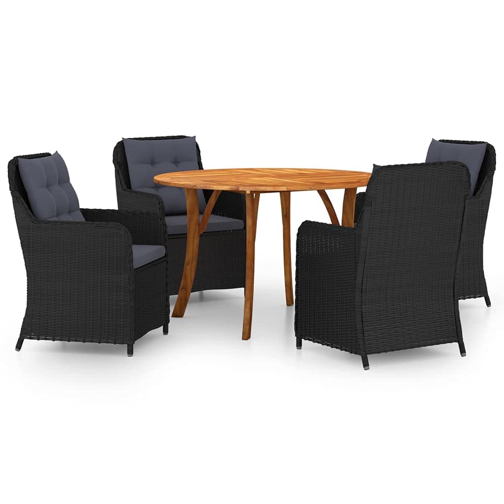 Vidaxl Stylish 5-Piece Patio Dining Set With Black Pe Rattan Chairs And Solid Acacia Wood Table - Modern Outdoor Furniture With Cushions