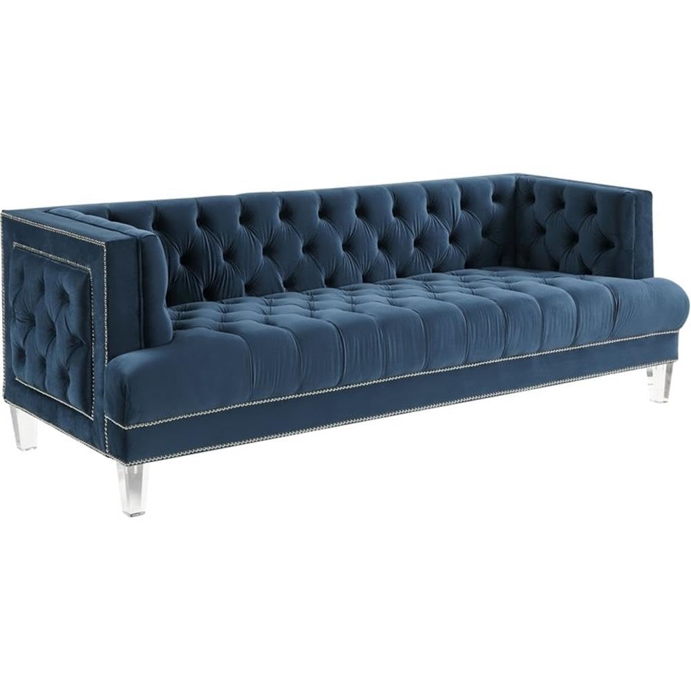 Acme Ansario Velvet Button Tufted Upholstery Sofa with Nailhead Trim in Blue