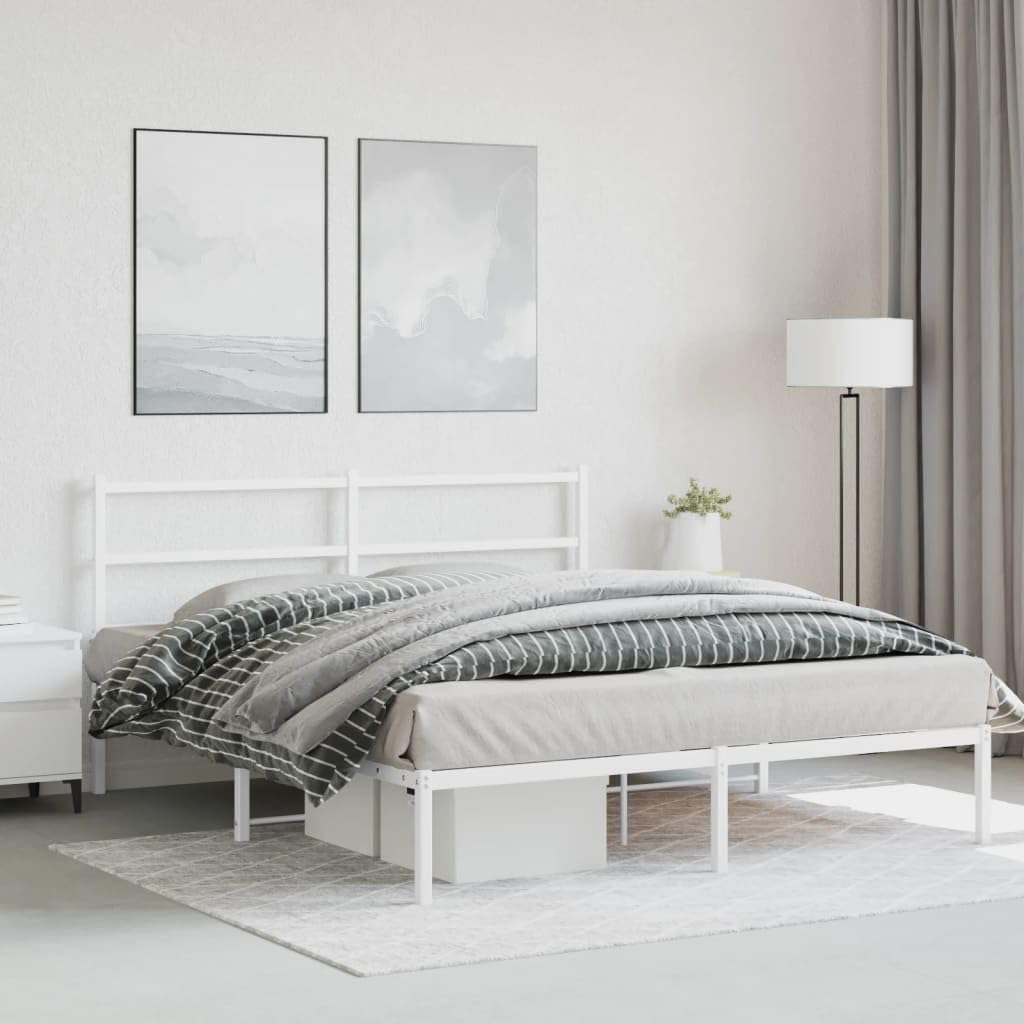vidaXL White Metal Bed Frame-Double, Sturdy Steel Bedroom Furniture w/Headboard & Storage Space, Fits 59.1"x78.7" Mattress