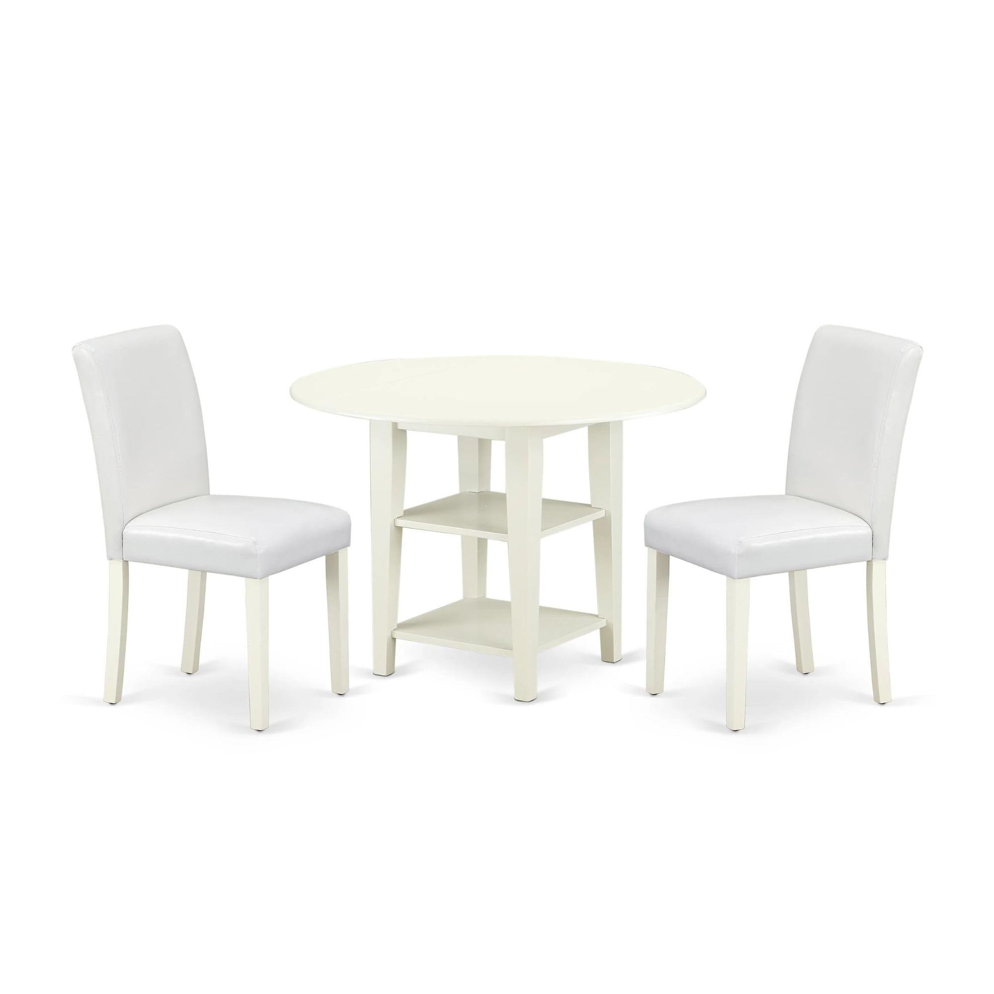 East West Furniture Suab3-Lwh-64 3 Piece Modern Dining Table Set Contains A Round Wooden Table With Dropleaf & Shelves And 2 White Faux Leather Parson Dining Chairs, 42X42 Inch, Linen White