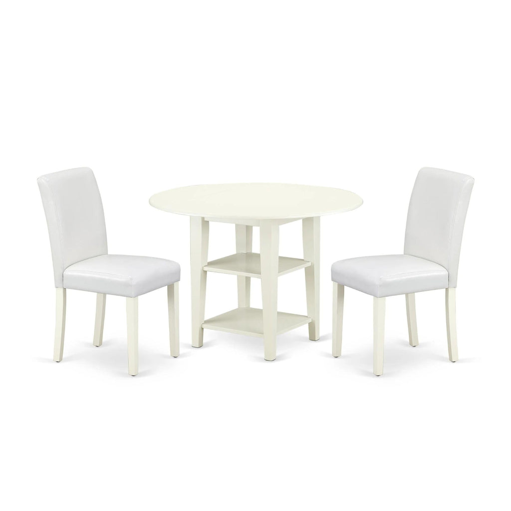 East West Furniture Suab3-Lwh-64 3 Piece Modern Dining Table Set Contains A Round Wooden Table With Dropleaf & Shelves And 2 White Faux Leather Parson Dining Chairs, 42X42 Inch, Linen White