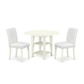 East West Furniture Suab3-Lwh-64 3 Piece Modern Dining Table Set Contains A Round Wooden Table With Dropleaf & Shelves And 2 White Faux Leather Parson Dining Chairs, 42X42 Inch, Linen White