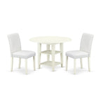 East West Furniture Suab3-Lwh-64 3 Piece Modern Dining Table Set Contains A Round Wooden Table With Dropleaf & Shelves And 2 White Faux Leather Parson Dining Chairs, 42X42 Inch, Linen White