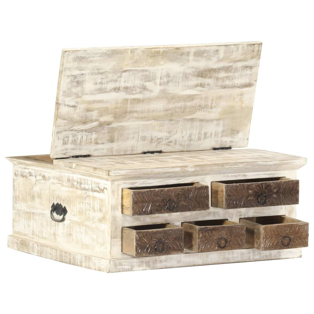 vidaXL Rustic Farmhouse Solid Mango Wood Coffee Table - Square Shape, Carved Storage Drawers, Polished & Lacquered, Durable, Sturdy Construction - White