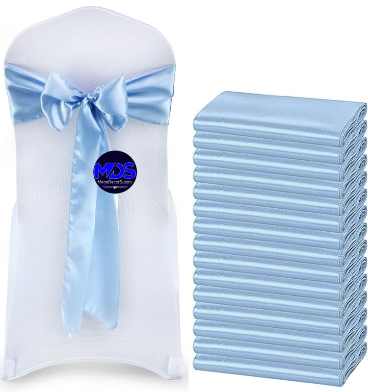 Mds Pack Of 125 Pcs Satin Chair Sashes Charmeuse Sateen Dining Chair Bows Ribbon Ties Back Sash For Wedding Party Birthday Home Hotel Restaurant Banquet Decoration (7 X 108 Inch, Baby Blue)