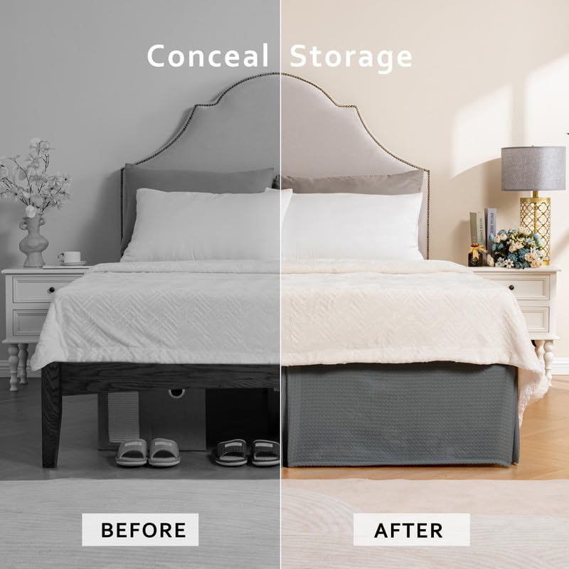 Miye Pleated Waffle Weave Bed Skirt, Tailored Dust Ruffle 18 Inch Drop Easy Fit, Machine Washable (Dark Grey, Queen - 18'' Drop)