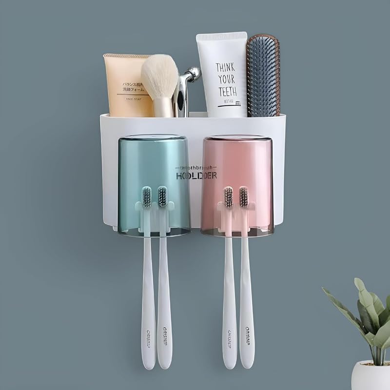 MARKWELL Wall Mounted Toothbrush Holder for Bathroom with 2 Protective Cups, DrillFree Stickable Toothbrush & Toothpaste Organi