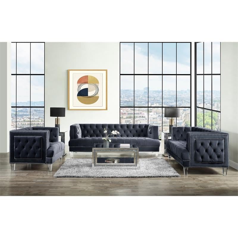 Acme Ansario Button Tufted Velvet Upholstery Sofa with Nailhead Trim in Charcoal