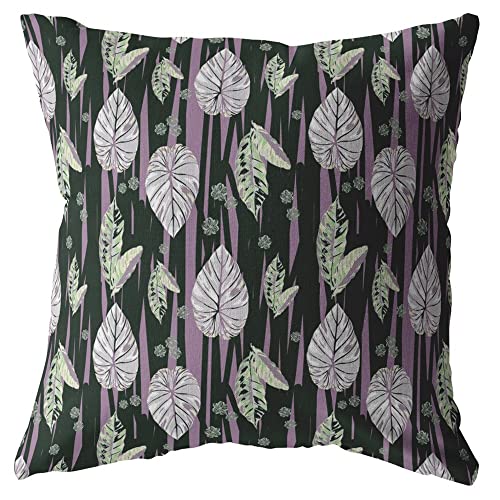 HomeRoots Purple and Dark Green 20â€ Black Purple Fall Leaves Suede Throw Pillow