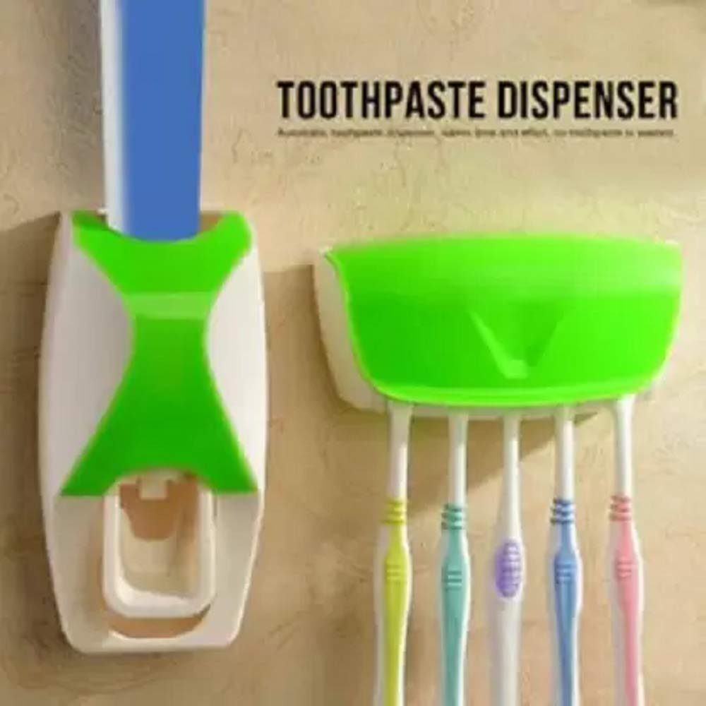 SEASPIRIT Plastic Automatic Toothpaste Dispenser and 5 Hole DustProof Wall Mounted Toothbrush Holder