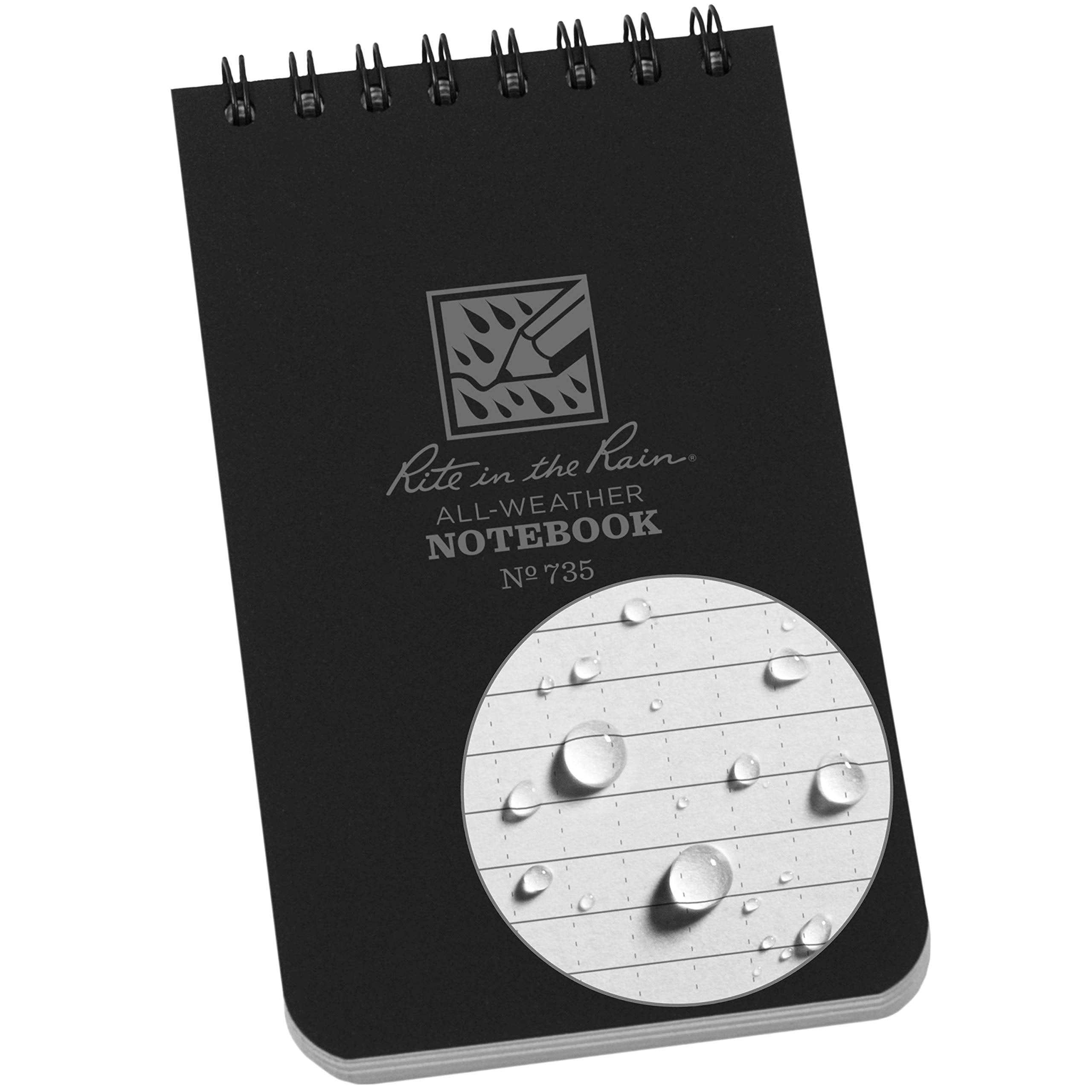 Rite In The Rain Weatherproof Top Spiral Notebook, 3' X 5', Black Cover, Universal Pattern (No. 735)