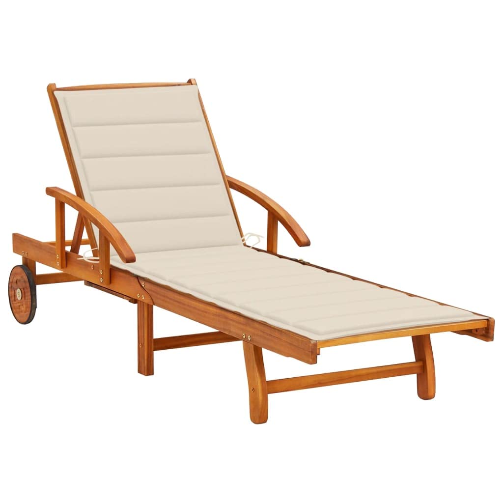 vidaXL Adjustable Outdoor Sun Lounger with Cushion Solid Acacia Wood Cream Multi Position Backrest Easy Mobility Wheels Ideal fo