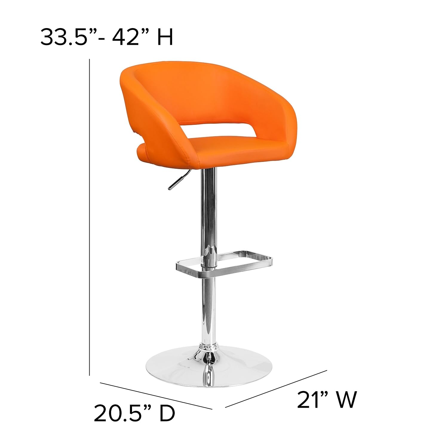 Flash Furniture Erik Comfortable & Stylish Contemporary Barstool with Rounded Mid-Back and Foot Rest, Adjustable Height - Orange Vinyl with Chrome Base