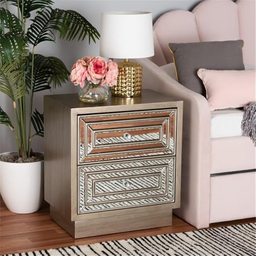 Baxton Studio Ellis Natural Brown Wood 2-Drawer End Table with Mirrored Glass