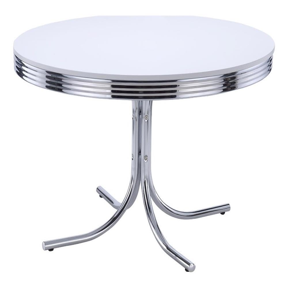 Coaster Home Furnishings Retro 1950s Soda Fountain Diner Round Dining Room Table White Laminate Top Sturdy Steel Chrome Base 2388