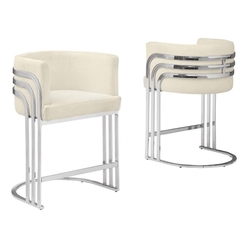 Best Quality Furniture Modern Teddy Fabric Bar Stools with Chrome Legs - Cream - Elegant Barrel Design with Silver Frame - Set of 2 - Perfect for Dining Room, Bar, Office, or Living Room