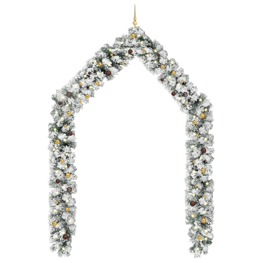 'vidaXL Christmas Garland with LEDs and Ball Set - Green PVC 32.8', Featuring Flocked White Snow, Indoor and Outdoor Decorative Garland, Energy Efficient LEDs, Easy Storage