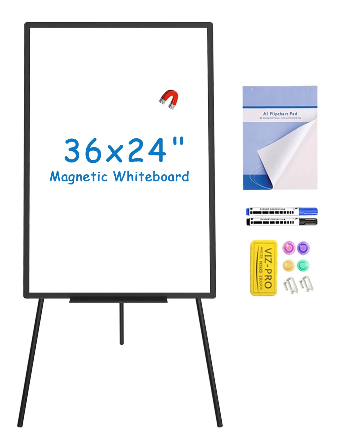 Viz-Pro Magnetic Whiteboard Easel Black, 36 X 24 Inches, Portable Dry Erase Board Height Adjustable For School Office And Home