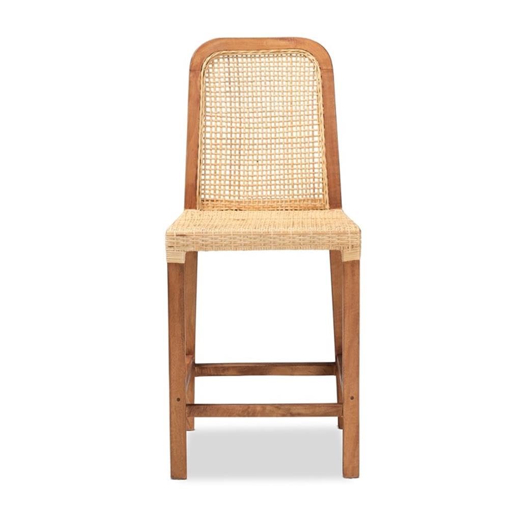 Baxton Studio Caspia Mid-Century Modern Walnut Brown Finished Wood and Natural Rattan Counter Stool