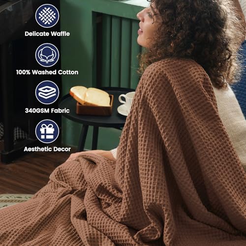 Phf 100% Cotton Waffle Weave Throw Blanket 50' X 60'-Lightweight Washed Soft Breathable Blanket For Adults And Kids-Perfect Blanket Layer For Couch Bed Sofa-Elegant Home Decoration - Cappuccino