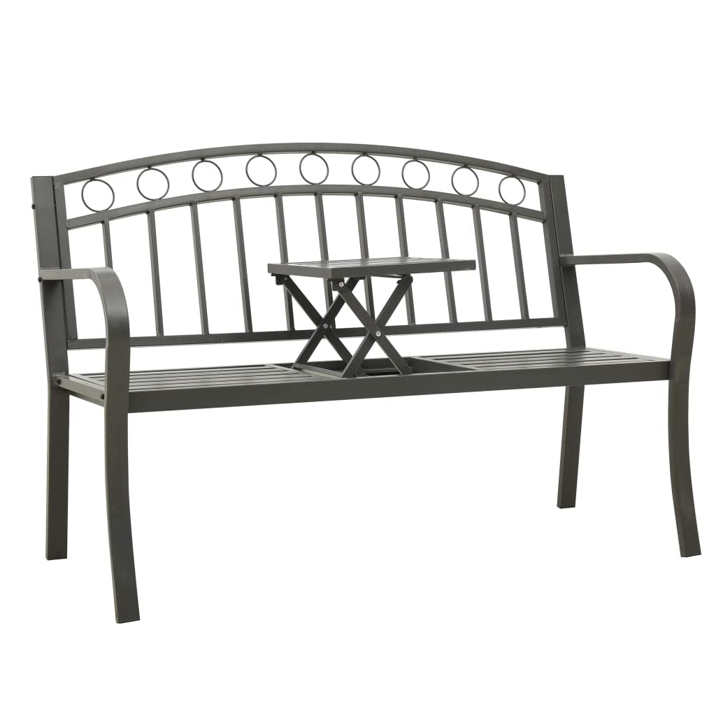 vidaXL Patio Bench with Center Table - 49.2-inch Steel Garden Bench - Weather-Resistant Outdoor Seating - Industrial Gray Bench with Curved Armrests