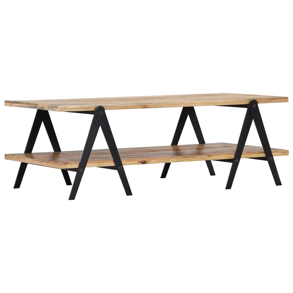 vidaXL Solid Mango Wood Coffee Table with 2 Layers, Powder-Coated Steel Legs, Polished and Lacquered - Rectangular, Industrial-Style, Brown