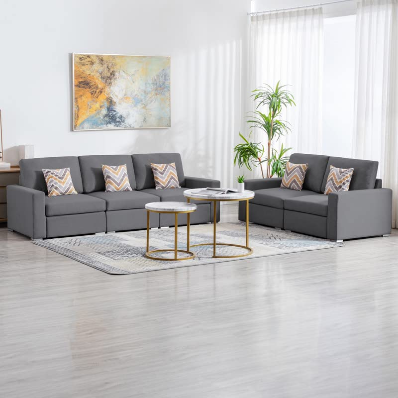 Lilola Home Nolan Gray Linen Fabric Sofa and Loveseat Living Room Set with Pillows and Interchangeable Legs